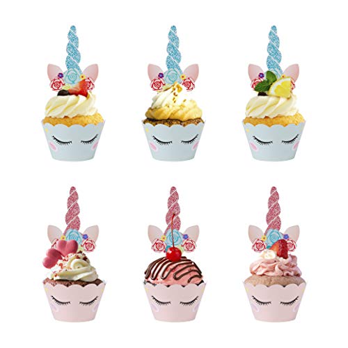 MengH-SHOP Unicorn Cupcake Toppers Magdalenas Decoración y Doble Cara Cupcake Wrappers para Unicornio Fiesta Tarta de Cumpleaños Decoraciones Baby Shower y Boda 24 Piezas