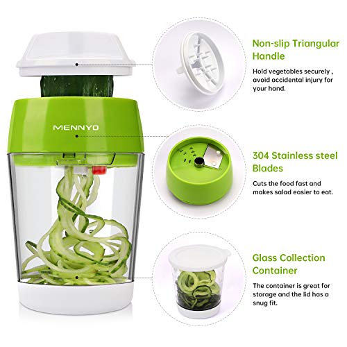 MENNYO Cortador de Verdura 4 en 1, Espiralizador de Verduras con Contenedor Mandolina de Cocina Profesional, Cortador de Patatas Spiralizer para Espaguetis de Calabacín, Zanahorias, Pepinos