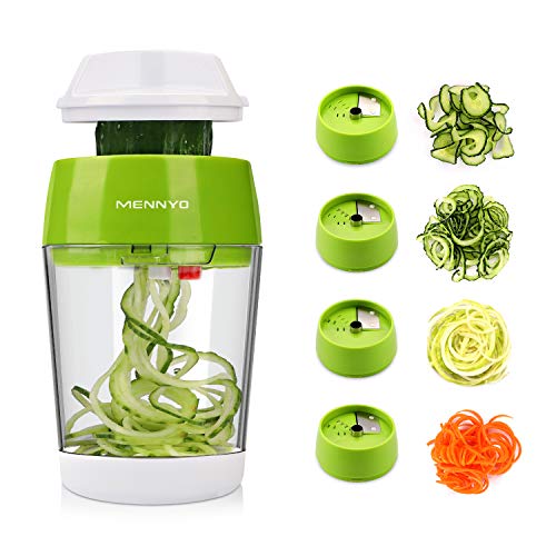 MENNYO Cortador de Verdura 4 en 1, Espiralizador de Verduras con Contenedor Mandolina de Cocina Profesional, Cortador de Patatas Spiralizer para Espaguetis de Calabacín, Zanahorias, Pepinos