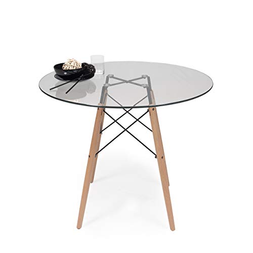 Mesa de Cocina o Comedor Redonda Tower Vintage sobre de Cristal y pie Central Tipo Tower (Diámetro 90 cm)