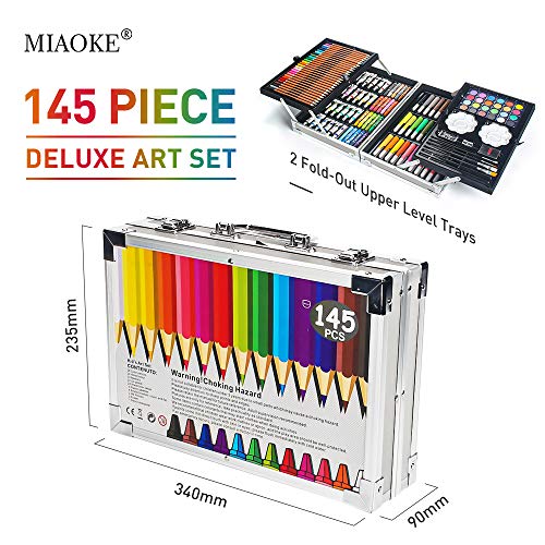 MIAOKE 145 Set de Pintura Niños, Caja de Aluminio Deluxe y Kit de Dibujo con Lápices de Colores, Marcadores, Pinturas de Acuarela, Crayones, Lápices HB, Pastel de Acuarela, Pincel, Bloc de Dibujo