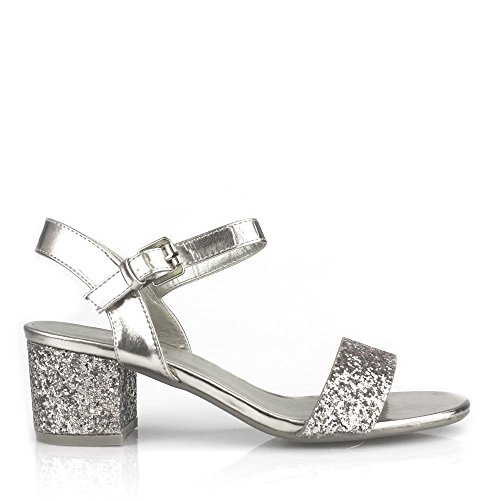 Miss Diva Ruby. Sandalias de tacón abierto con correa al tobillo, color Plateado, talla 37 EU