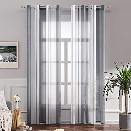 MIULEE Cortinas Translucida de Moderno Ventana Visillos Rayas Salon Paneles con Anillas para Sala Cuarto Comedor Salon Cocina Habitación 140 x 225 cm, 2 Unidades Blanco+Gris