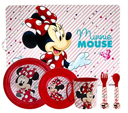 ML Set de Vajilla Infantil para niño y niña. 6 Piezas: Plato, Taza, Cubiertos, Vaso y Mantel con diseño de Disney (roja)