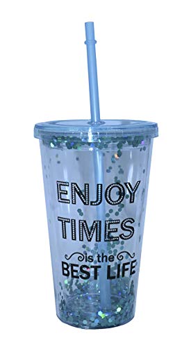 ML Vasos de Batidos de plástico con Tapa y Paja, Bebidas heladas y frías de Verano con Doble Pared y Purpurina Azul