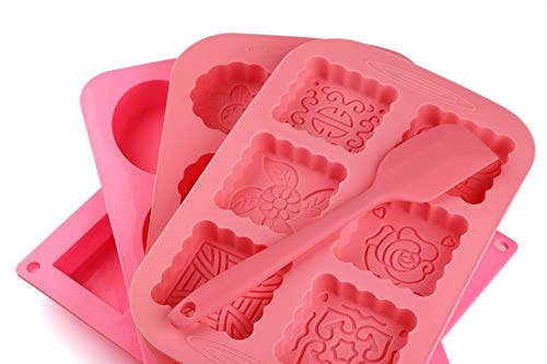 Mlying - 4 moldes de silicona para jabón, moldes de silicona para 6 cavidades, para horno, cocina, chocolate, galletas, cubitos de hielo, artesanía casera con 1 espátula