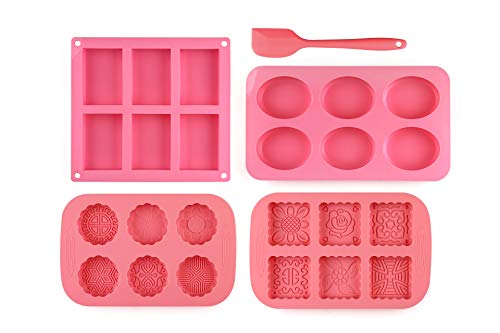 Mlying - 4 moldes de silicona para jabón, moldes de silicona para 6 cavidades, para horno, cocina, chocolate, galletas, cubitos de hielo, artesanía casera con 1 espátula