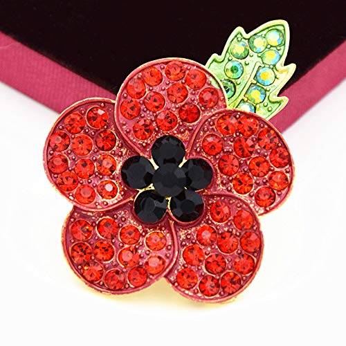 MLZYKYJZ Broche de Hoja Verde de Amapolas Rojas, Conjunto de Broche de Flor de Amapola, Insignia de Cristal con Broche de Amapola roja, Regalo del día de Recuerdo de la Insignia (Oro)