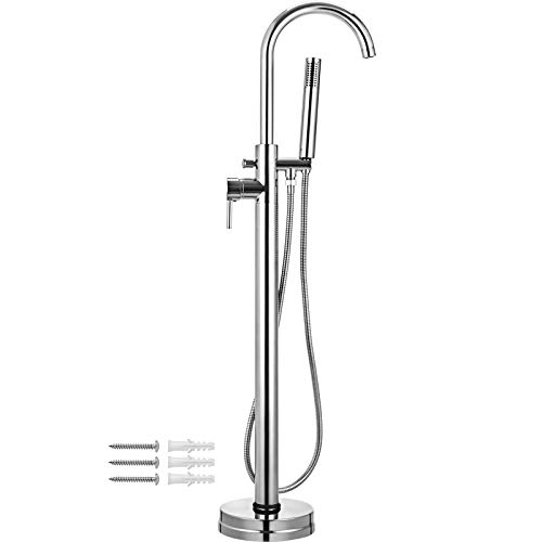Moracle Grifo para Baño Latón Cromado Plateado Independiente Bañera Grifo de Pie Ducha Grifos con Rociador Manual Manija Unica