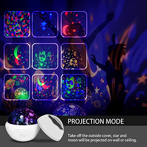 Moredig - Lampara Nocturna Infantil, 2 en 1, Proyector Estrella/Océano 360°, 8 Colores, Lámpara de Noche para Bebé, Guardería, Dormitorio, Decoración Fiestas, Color Blanco