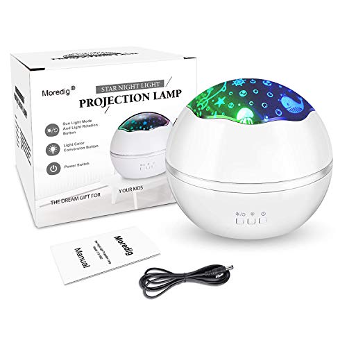 Moredig - Lampara Nocturna Infantil, 2 en 1, Proyector Estrella/Océano 360°, 8 Colores, Lámpara de Noche para Bebé, Guardería, Dormitorio, Decoración Fiestas, Color Blanco