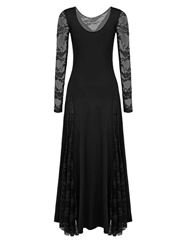 MSemis Vestido Litúrgico Baile Flamenco para Mujer Chica Vestidos Danza Flamenca Falda Larga Manga Encaje Disfraz Bailarina Rendimiento Fiesta Otoño Negro Medium