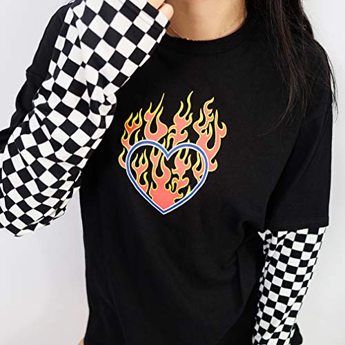 Mujer Camiseta a Cuadros de Manga Larga con Estampado de Corazones llameantes en Blanco y Negro de Damasco con Cuello Redondo y Tops de Cuello Redondo Blusa Camiseta