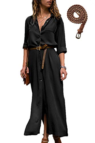 Mujer Vestidos Largos Casual Camiseros Manga Larga Botón Lateral De Hendidura Vestido De Fiesta Black L