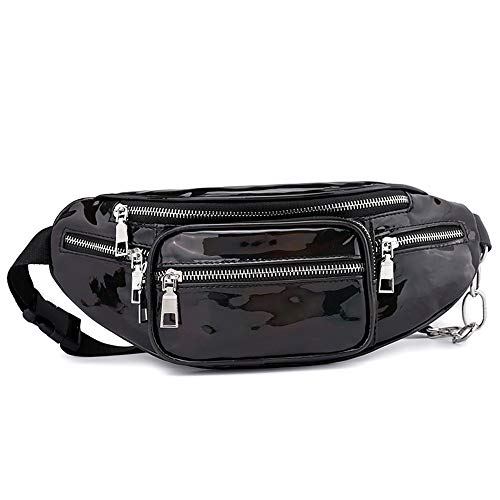 Mujeres de Moda Riñoneras Deportivas, Morbuy Impermeables Plegable Brillante Holograma Bolsas de Cintura Bolsillos de Cremallera Correa Ajustable para Running Fiestas (Un tamaño,Negro)
