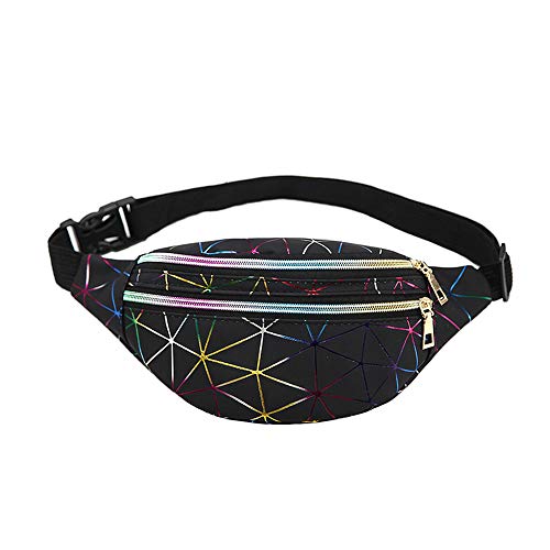 Mujeres de Moda Riñoneras Deportivas, Morbuy Impermeables Plegable Brillante Holograma Bolsas de Cintura Bolsillos de Cremallera Correa Ajustable para Running Fiestas (30 * 10 * 15,Negro)