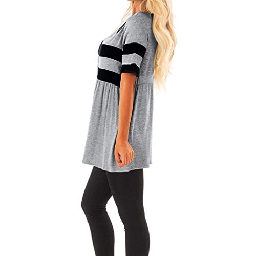 Mujeres Tops Manga Corta Hirt Cuello O T A Modernas Casual Rayas con Pliegues Elegante Blusa Suelta Pullover Tops Túnica Túnica (Color : Grau, Size : M)