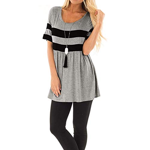 Mujeres Tops Manga Corta Hirt Cuello O T A Modernas Casual Rayas con Pliegues Elegante Blusa Suelta Pullover Tops Túnica Túnica (Color : Grau, Size : M)