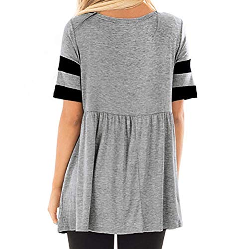 Mujeres Tops Manga Corta Hirt Cuello O T A Modernas Casual Rayas con Pliegues Elegante Blusa Suelta Pullover Tops Túnica Túnica (Color : Grau, Size : M)
