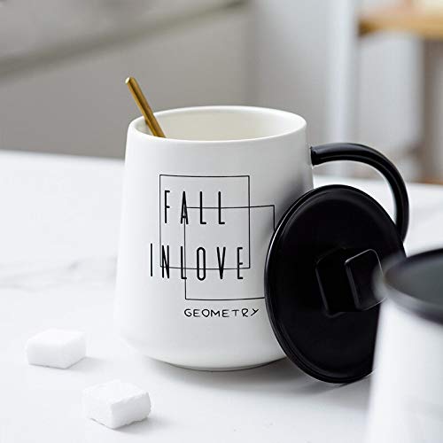 N/ A Taza de cerámica de patrón geométrico de Estilo con Tapa de Cuchara, Tazas de Oficina al por Mayor Tazas de Pareja Taza de té Linda de Dibujos Animados Taza de   Drinkware