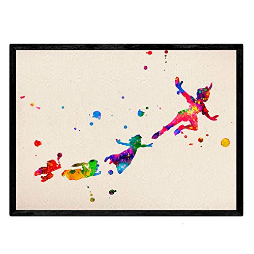 Nacnic Lámina para enmarcar Peter Pan Volando con Amigos Laminas Decorativas para Pared. Laminas Estilo Acuarela. Regalo Creativo para los niños. Papel 250 Gramos … (Sin Marco, A4)