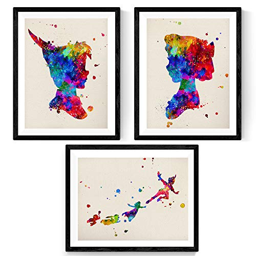 Nacnic Set de 3 láminas para enmarcar Estilo Acuarela. Posters con imágenes de Peter Pan, Campanilla y Sus Amigos en tamaño 30x40 cm. Papel 250 Gramos Decora el domitorio Infantil, salón.