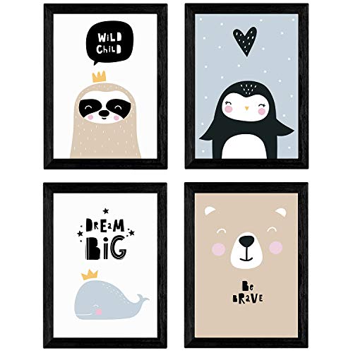 Nacnic Set de 4 láminas Ballena, pingüino, Foca y Oso Polar. Posters de Animales. Tamaño A4 sin Marco