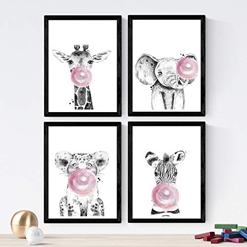Nacnic Set de 4 láminas de Animales Infantiles con Chicle Rosa,en tamaño A4, Poster Papel 250 gr Marco