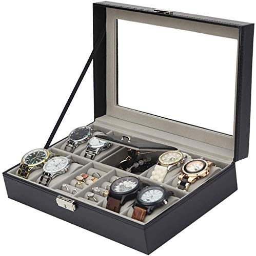 NANI Caja de joyería almacenar, exponer joyería de Cuero Caja for Hombres y Mujeres, 8 Ranuras Organizador Caja con Tapa de Cristal, con Cerradura Caja de Reloj a Prueba de Agua