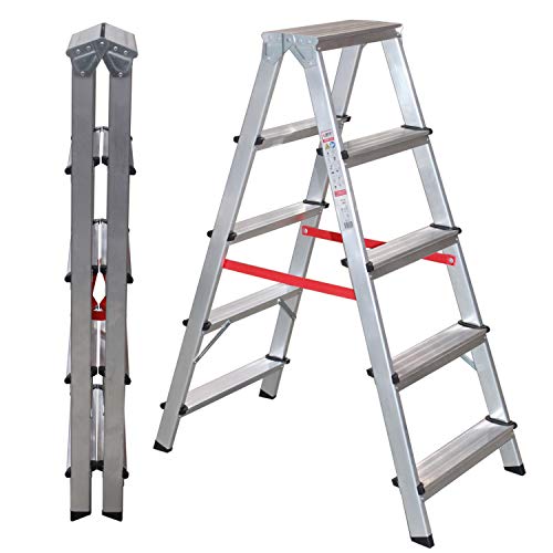 NAWA Escalera Doble Acceso Tijera de Aluminio 5 Peldaños EN 131 Capacidad Máx. 150 kg. Hecho en Europa (5 Peldaños)