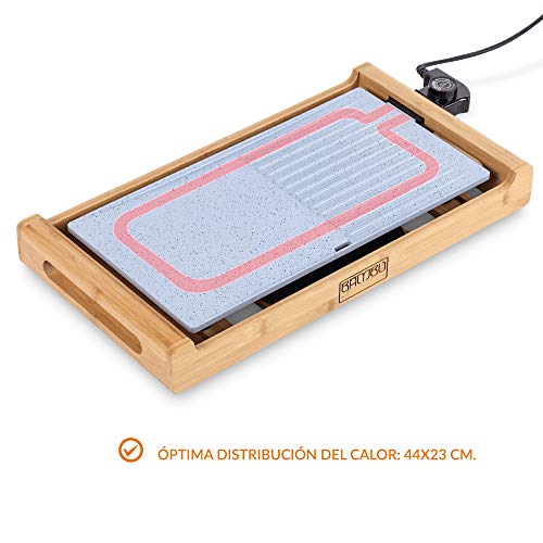 NEW CHEF-Parrilla Eléctrica Cerámica y Grill Eléctrico Antiadherente Libre PFOA (44x23cm), 1800W, Temp. Ajust. Max. 250ºC. Plancha Eléctrica Antirayaduras con Fácil Limpieza. Incluye Bandeja Colectora