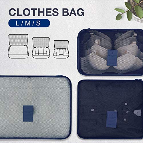Newdora 7 en 1 Set de Organizador de Equipaje Viaje con Bolsa de Zapato,Impermeable Organizador de Maleta Bolsa para Ropa Sucia de Viaje, Portatrajes de Viaje, Material Nylon, Azul Oscuro