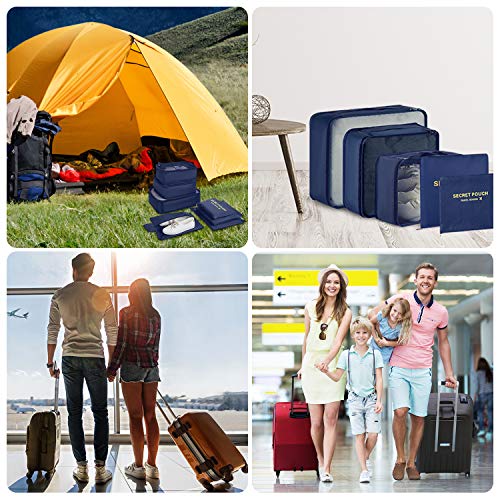 Newdora 7 en 1 Set de Organizador de Equipaje Viaje con Bolsa de Zapato,Impermeable Organizador de Maleta Bolsa para Ropa Sucia de Viaje, Portatrajes de Viaje, Material Nylon, Azul Oscuro