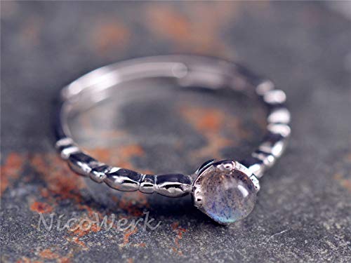 NicoWerk SRI344 - Anillo de plata para mujer, piedra de luna, de plata de ley 925, bola con piedra azul, liso y discreto, ajustable, abierto