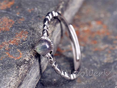 NicoWerk SRI344 - Anillo de plata para mujer, piedra de luna, de plata de ley 925, bola con piedra azul, liso y discreto, ajustable, abierto
