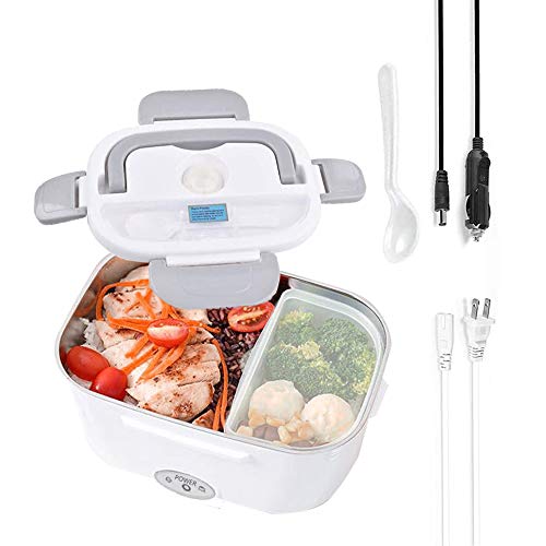Nifogo Fiambrera electrica portatil 12V/24V /220V, Fiambreras bento,Fiambrera Electrica 2 en 1, Acero Inoxidable 1.5L,para Estudiantes, Conductores, Personal, picnics(Gris)