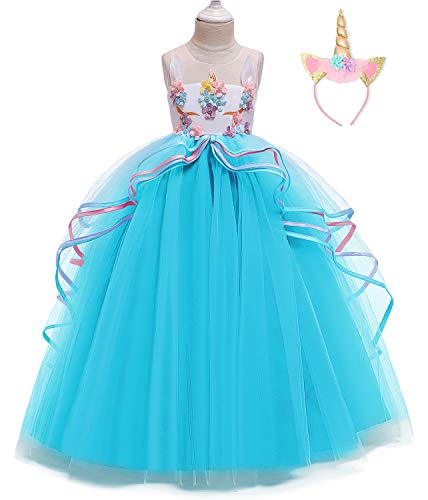 NNJXD Disfraz de Fiesta de Unicornio para Niñas Cosplay Disfraz de Halloween Tamaño (170) 13-14 Años Azul