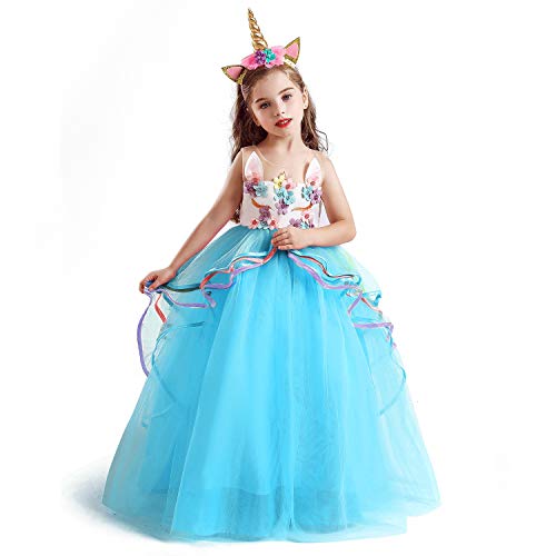 NNJXD Disfraz de Fiesta de Unicornio para Niñas Cosplay Disfraz de Halloween Tamaño (170) 13-14 Años Azul