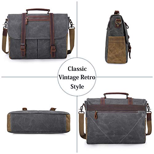 NUBILY Bolsa Mensajero Hombre Maletín para Ordenador portátil 15.6 Pulgadas Bolso Bandolera de Negocios Vintage Lona Gris