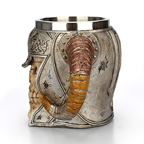 NUTRIUPS Taza de Cerveza de Calavera de Cuerno de Acero Inoxidable con Doble Asa, Jarra Medieval para Vasos Cráneo Taza Jarra para Whisky, Cerveza, Café, Jugo (550ml-17oz.)