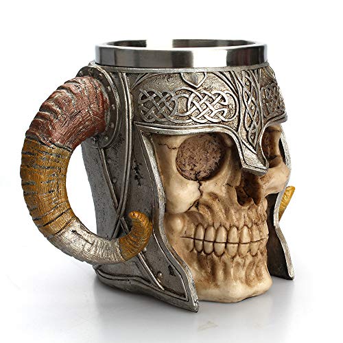 NUTRIUPS Taza de Cerveza de Calavera de Cuerno de Acero Inoxidable con Doble Asa, Jarra Medieval para Vasos Cráneo Taza Jarra para Whisky, Cerveza, Café, Jugo (550ml-17oz.)