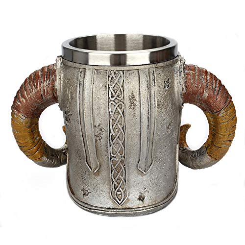 NUTRIUPS Taza de Cerveza de Calavera de Cuerno de Acero Inoxidable con Doble Asa, Jarra Medieval para Vasos Cráneo Taza Jarra para Whisky, Cerveza, Café, Jugo (550ml-17oz.)