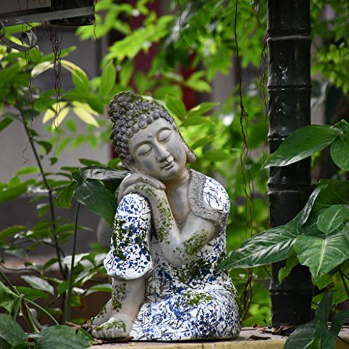 NYKK Estatua de Buda Zen imitación Porcelana Azul y Blanca Adornos Patio Jardín Decoración Dormir Buda Entrada de la Sala de té Mobiliario Buda meditando