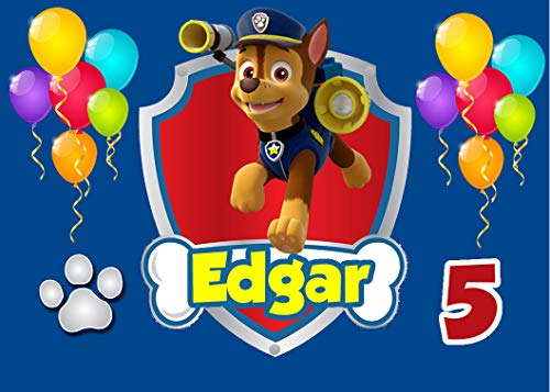 OBLEA de Chase Patrulla Canina Personalizada con Nombre y Edad para Pastel o Tarta, Especial para cumpleaños, Medida Rectangular de 28x20cm