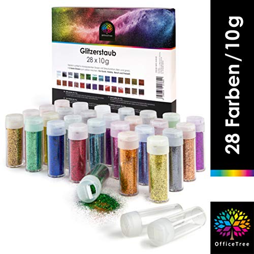 OfficeTree Purpurina Manualidades 28 Colores de 10g y 2 Tubos Vacíos - Purpurina Uñas - Purpurina para Manualidades Cuerpo Uñas y Arte - Función de Dispersión Fina o Gruesa