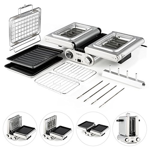 Oneconcept Butterfly Grill multifunción eléctrico Doble (1200W Potencia, 2X Parrilla 240ºC, Temporizador, Bandeja Antiadherente, Plegable) - Plateado
