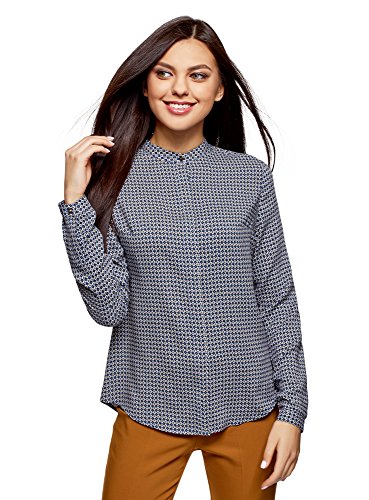 oodji Collection Mujer Blusa de Viscosa Estampada con Cuello Mao, Azul, ES 44 / XL