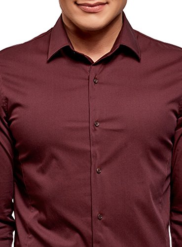 oodji Ultra Hombre Camisa Básica Extra Slim de Manga Larga, Rojo, 40