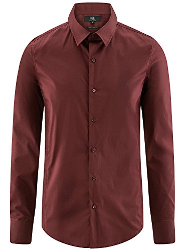 oodji Ultra Hombre Camisa Básica Extra Slim de Manga Larga, Rojo, 40