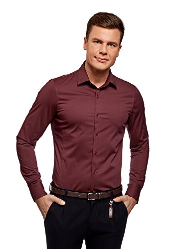 oodji Ultra Hombre Camisa Básica Extra Slim de Manga Larga, Rojo, 40